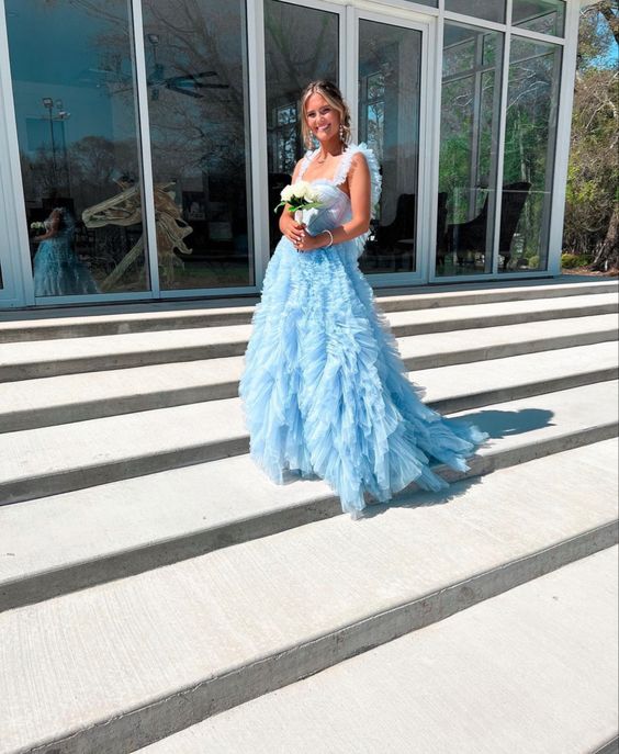 Light Sky Blue Tulle Princess Ruffle Straps With Tiered Long Prom Dresses