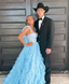 Light Sky Blue Tulle Princess Ruffle Straps With Tiered Long Prom Dresses