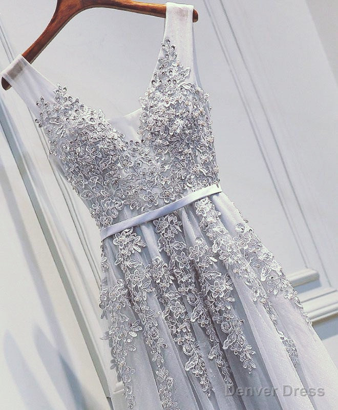 Light Sliver Grey Lace Applique V Neckline Long Prom Dress, Light Grey Wedding Prom Dresses
