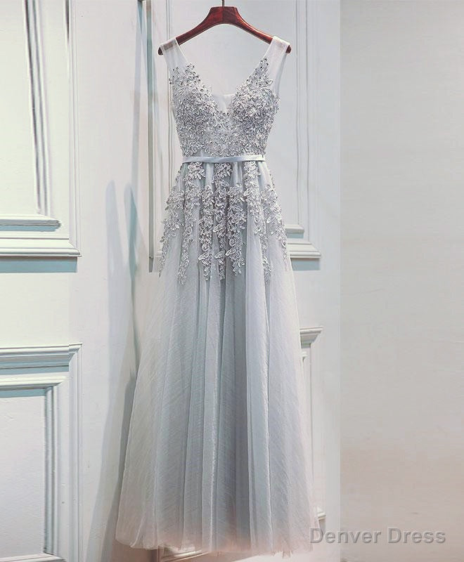 Light Sliver Grey Lace Applique V Neckline Long Prom Dress, Light Grey Wedding Prom Dresses Secondary image