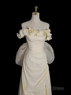 Light Yellow A-Line Satin Off-Shoulder Tulle Long Prom Dresses Graduation Prom Dresses Wedding Dresses