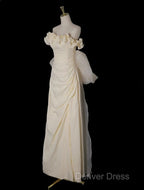 Light Yellow A Line Satin Off Shoulder Tulle Long Prom Dress Graduation Prom Dress Wedding Dresses