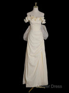 Light Yellow A Line Satin Off Shoulder Tulle Long Prom Dress Graduation Prom Dress Wedding Dresses