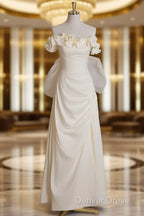 Light Yellow A Line Satin Off Shoulder Tulle Long Prom Dress Graduation Prom Dress Wedding Dresses