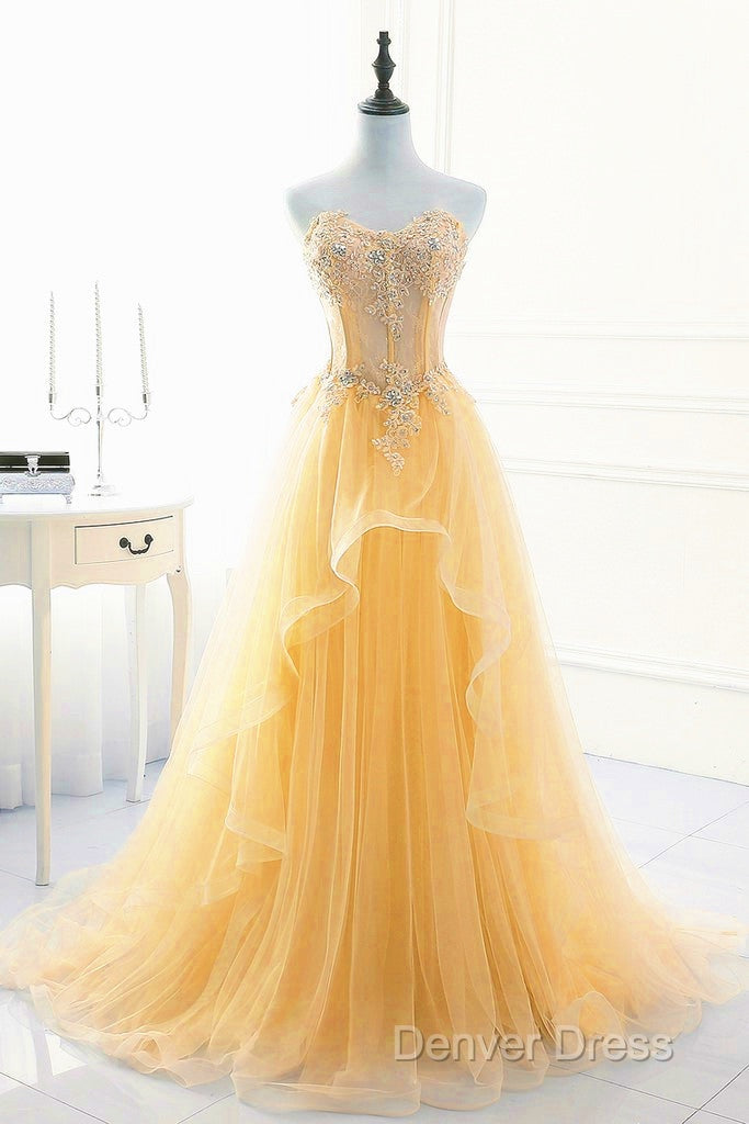 Light Yellow Beaded Tulle Long Party Dresses Prom Dresses, Yellow Formal Dresses Secondary image