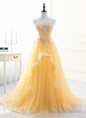 Light Yellow Beaded Tulle Long Party Dress Prom Dress, Yellow Formal Dresses