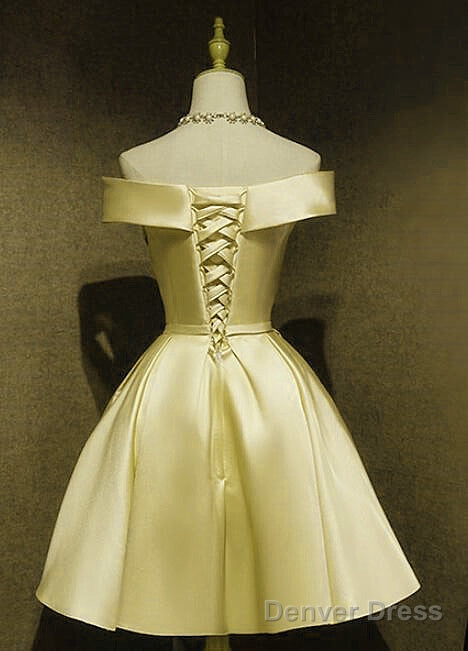 Light Yellow Satin Off Shoulder Knee Length Party Dress Prom Dress, Short Homecoming Dress Secondary image