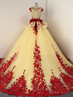 Light Yellow Tulle Ball Gowns Beaded and Flowers Sweet 16 Gowns, Light Yellow Quinceanera Dresses