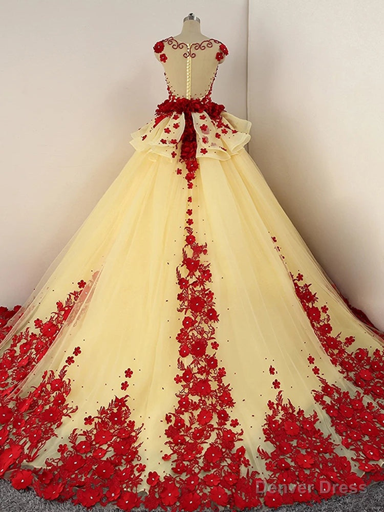 Light Yellow Tulle Ball Gowns Beaded and Flowers Sweet 16 Gowns, Light Yellow Quinceanera Dresses