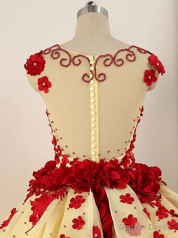 Light Yellow Tulle Ball Gowns Beaded and Flowers Sweet 16 Gowns, Light Yellow Quinceanera Dresses