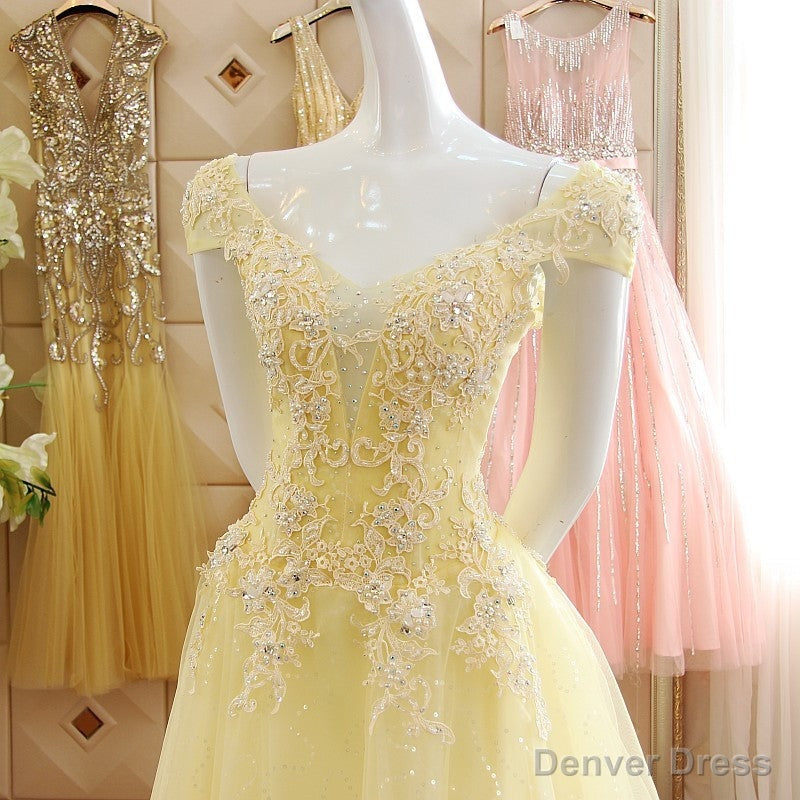 Light Yellow Tulle Cap Sleeves with Lace Applique Prom Dress, Yellow Long Prom Dresses