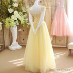 Light Yellow Tulle Cap Sleeves with Lace Applique Prom Dress, Yellow Long Prom Dresses