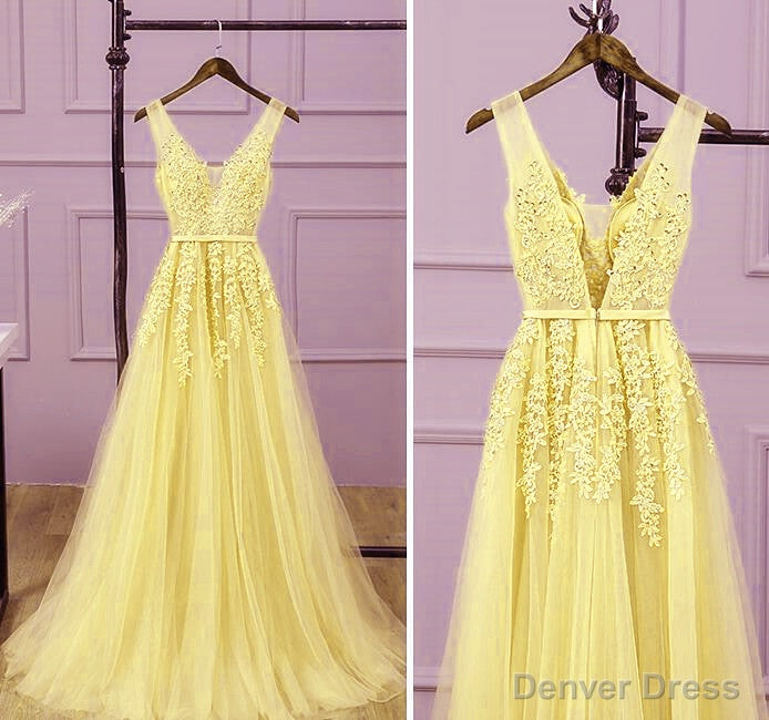 Light Yellow Tulle Long Party Dress, A-line Prom Dress Evening Gowns