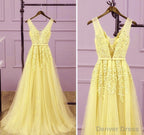 Light Yellow Tulle Long Prom Dress, A Line Prom Dresses Prom Gown