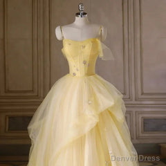 Light Yellow Tulle Long Party Dress Yellow Tulle Prom Dress prom dresses shops