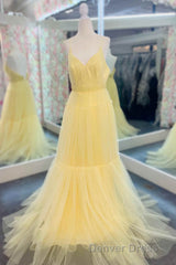Light Yellow V-Neck Tulle A-Line Long Prom Dresses