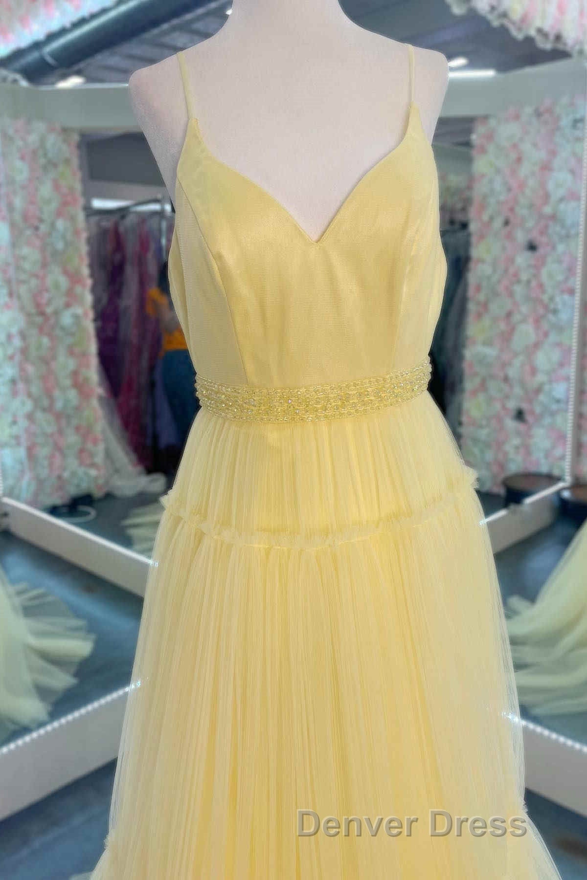 Light Yellow V Neck Tulle A Line Long Prom Dresses