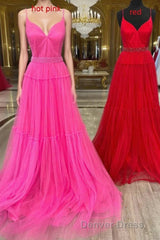 Light Yellow V-Neck Tulle A-Line Long Prom Dresses