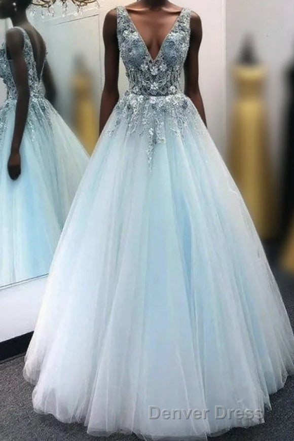 A Line V Neck Tulle Long Prom Dresses with Flowers, Sleeveless Party Dresses Main image