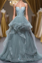 Gray Spaghetti Straps Tulle Princess Prom Dress Long Prom Dresses