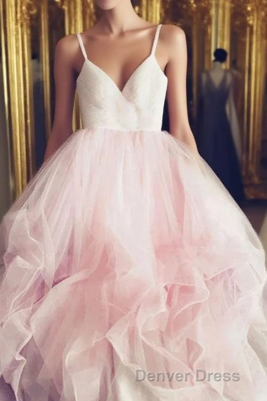 Light Pink Spaghetti Straps Tulle Long Prom Formal Dresses, Puffy Party Dresses Main image