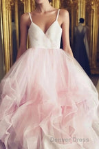 Light Pink Spaghetti Straps Tulle Long Prom Formal Dresses, Puffy Party Dresses