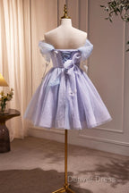 Lightpurple Tulle Off Shoulder Short Prom Dress, Cute A Line Off Shoulder Homecoming Dresses