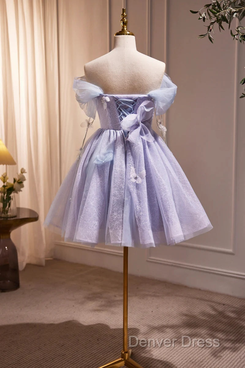 Lightpurple Tulle Off Shoulder Short Prom Dress, Cute A Line Off Shoulder Homecoming Dresses