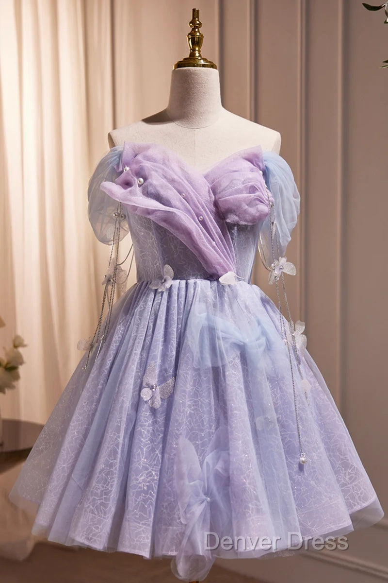 Lightpurple Tulle Off Shoulder Short Prom Dresses, Cute A-Line Off Shoulder Homecoming Dresses