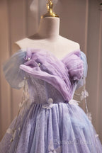 Lightpurple Tulle Off Shoulder Short Prom Dress, Cute A Line Off Shoulder Homecoming Dresses
