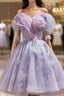 Lightpurple Tulle Off Shoulder Short Prom Dresses, Cute A-Line Off Shoulder Homecoming Dresses