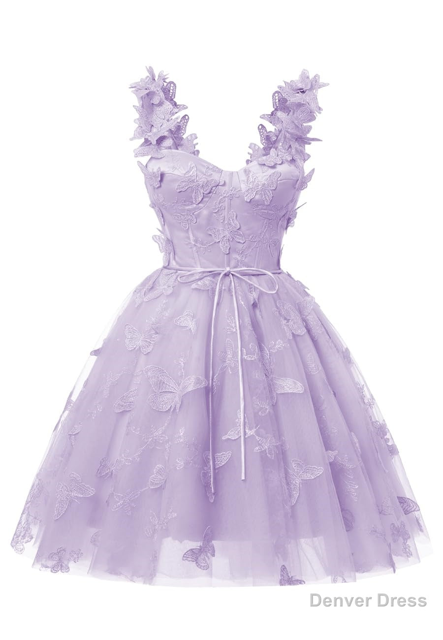 Lilac 3D Butterfly Lace Applique Tulle Homecoming Dress for Teens Sweetheart Mini Short Prom Dresses Secondary image