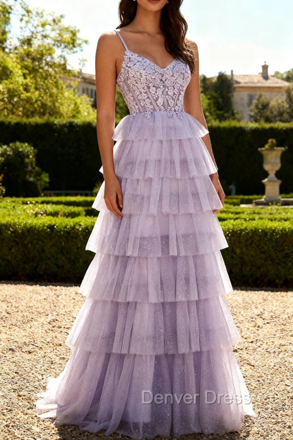 Lilac A Line Beaded Corset Tiered Long Prom Dress with Slit Secondary image