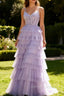 Lilac A Line Beaded Corset Tiered Long Prom Dress with Slit