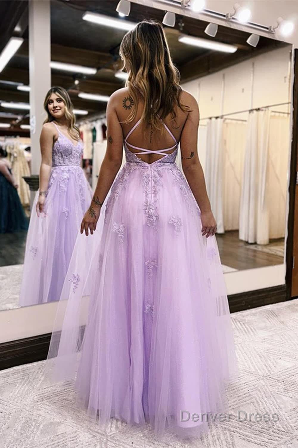 Lilac A Line Spaghetti Straps Lace Long Prom Dresses with Slit Secondary image