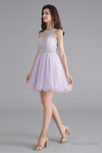 A Line Tulle Sleeveless Beading Homecoming Dresses