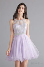 A Line Tulle Sleeveless Beading Homecoming Dresses