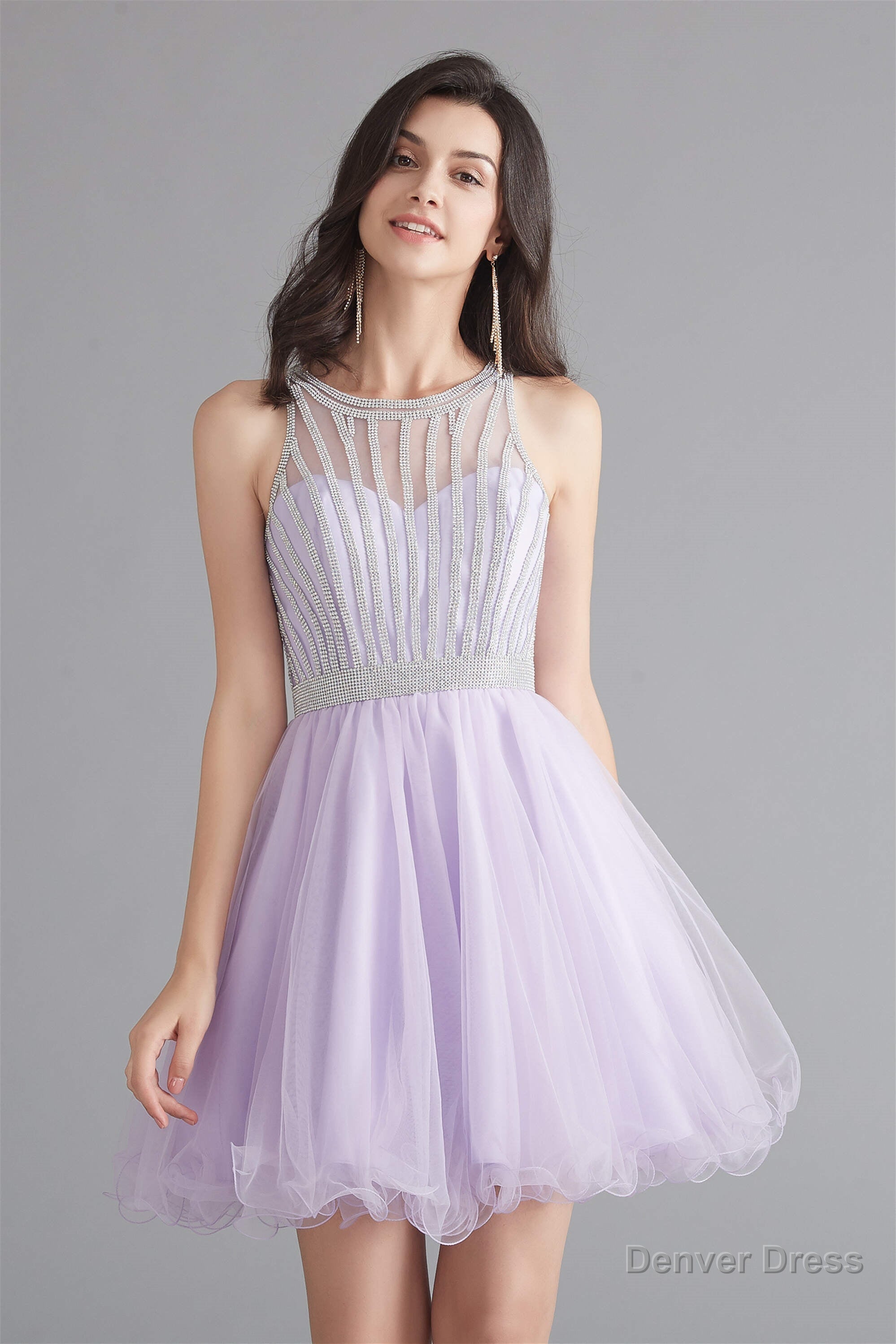 A Line Tulle Sleeveless Beading Homecoming Dresses