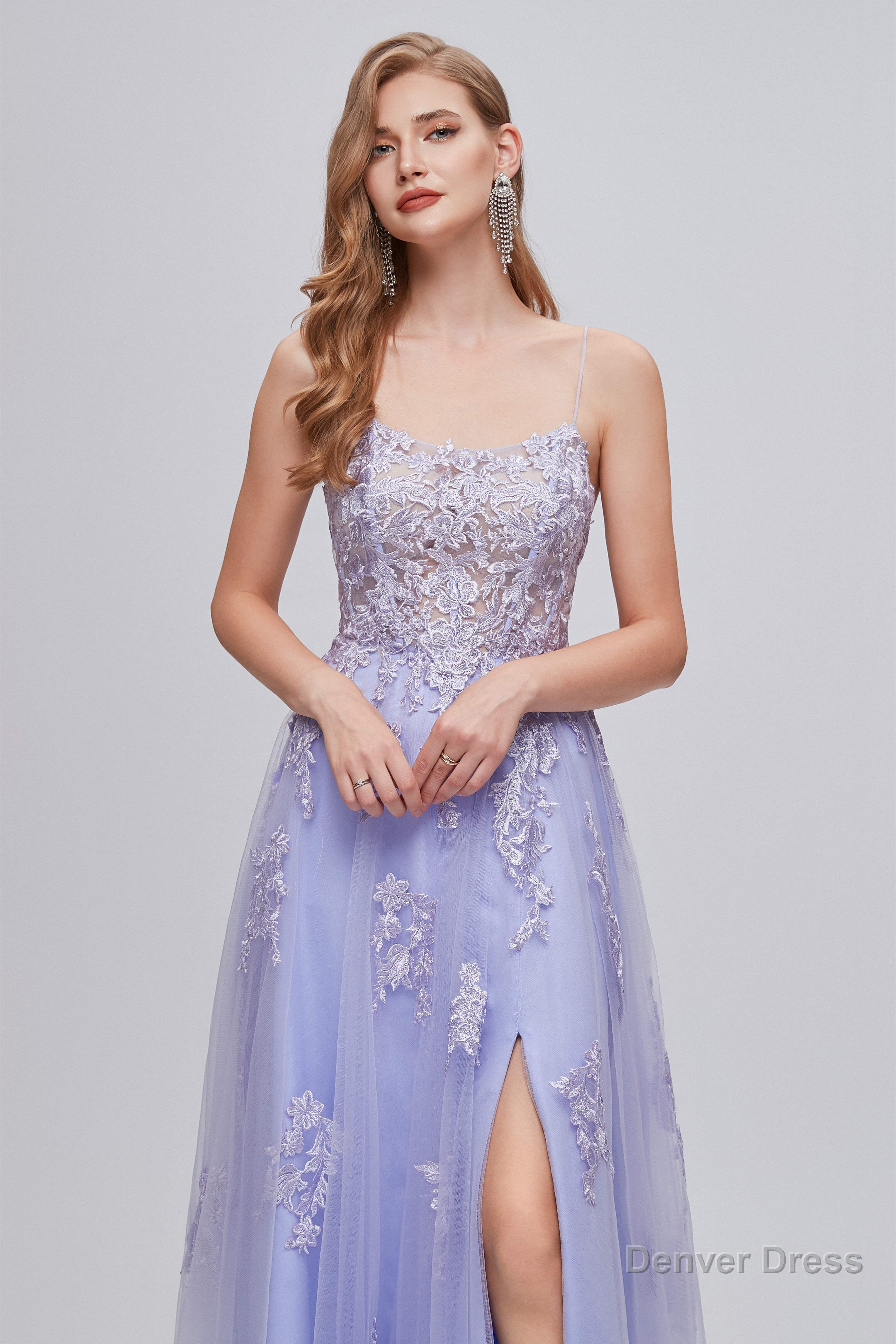 Lilac Appliques Lace Up A Line Long Prom Dresses with Slit