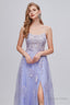 Lilac Appliques Lace Up A Line Long Prom Dresses with Slit