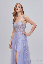 Lilac Appliques Lace Up A Line Long Prom Dresses with Slit