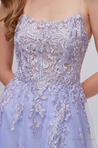 Lilac Appliques Lace Up A Line Long Prom Dresses with Slit