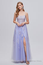 Lilac Appliques Lace Up A Line Long Prom Dresses with Slit