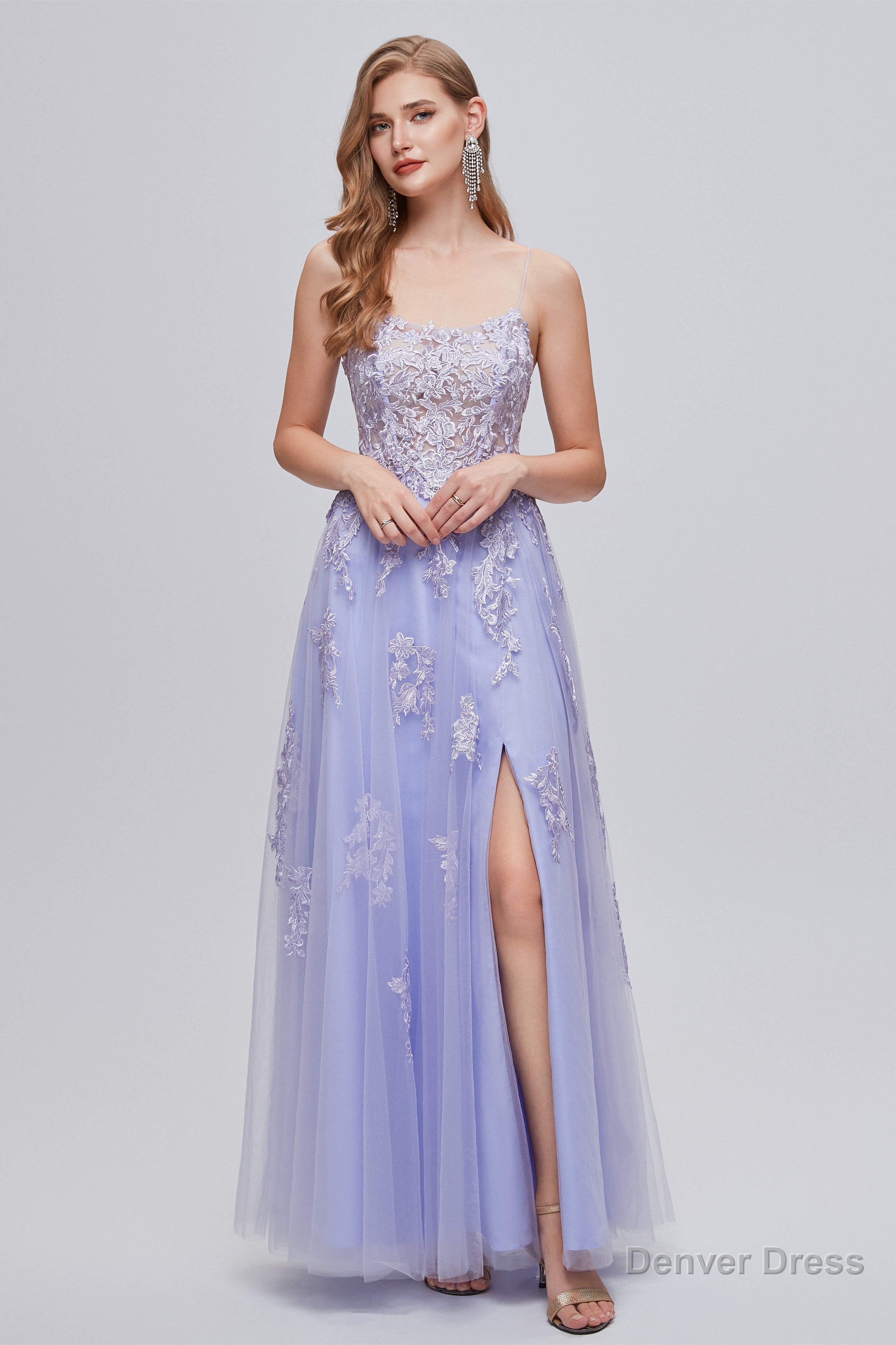 Lilac Appliques Lace Up A Line Long Prom Dresses with Slit