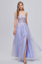 Lilac Appliques Lace Up A Line Long Prom Dresses with Slit