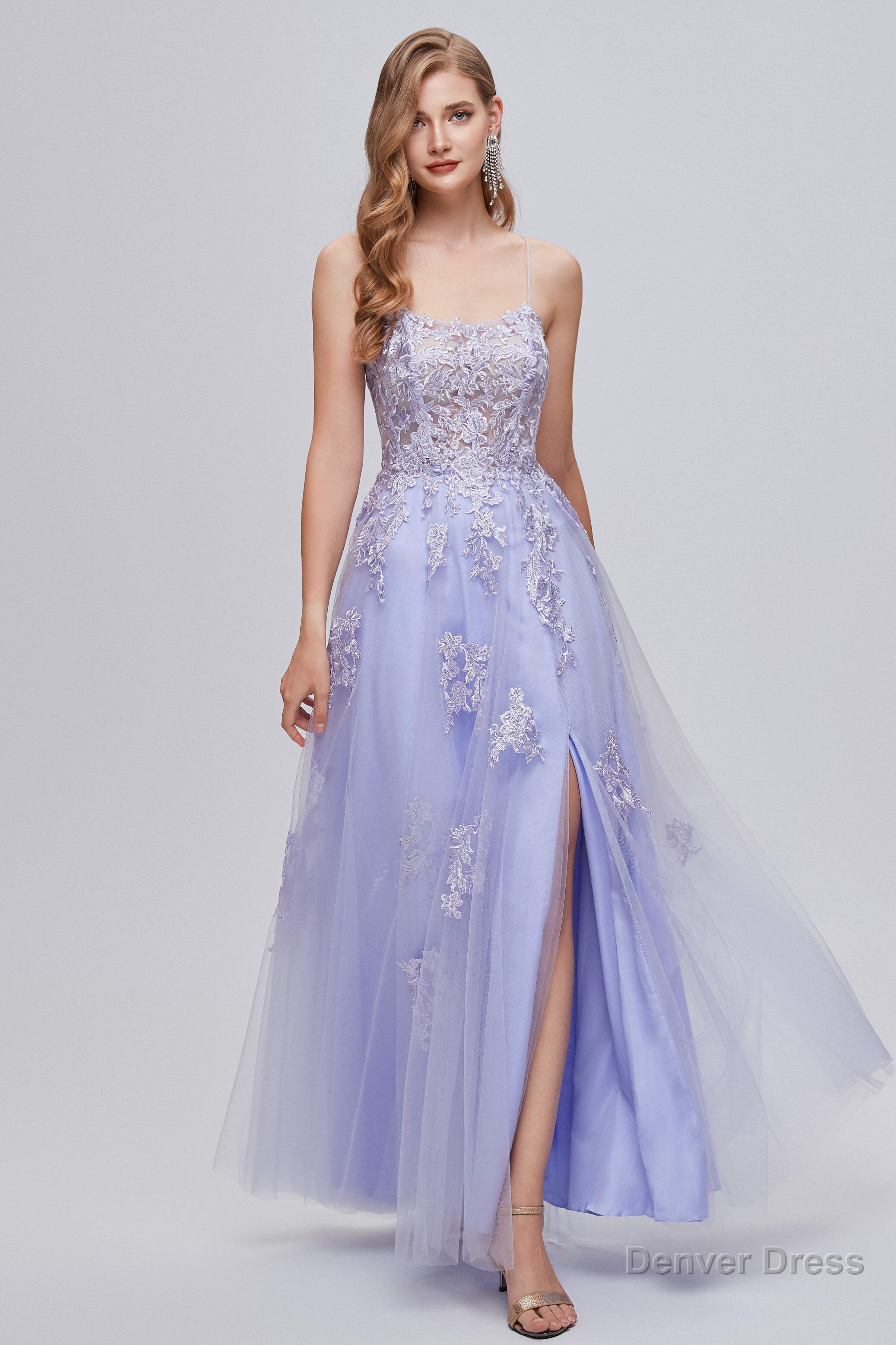 Lilac Appliques Lace Up A Line Long Prom Dresses with Slit