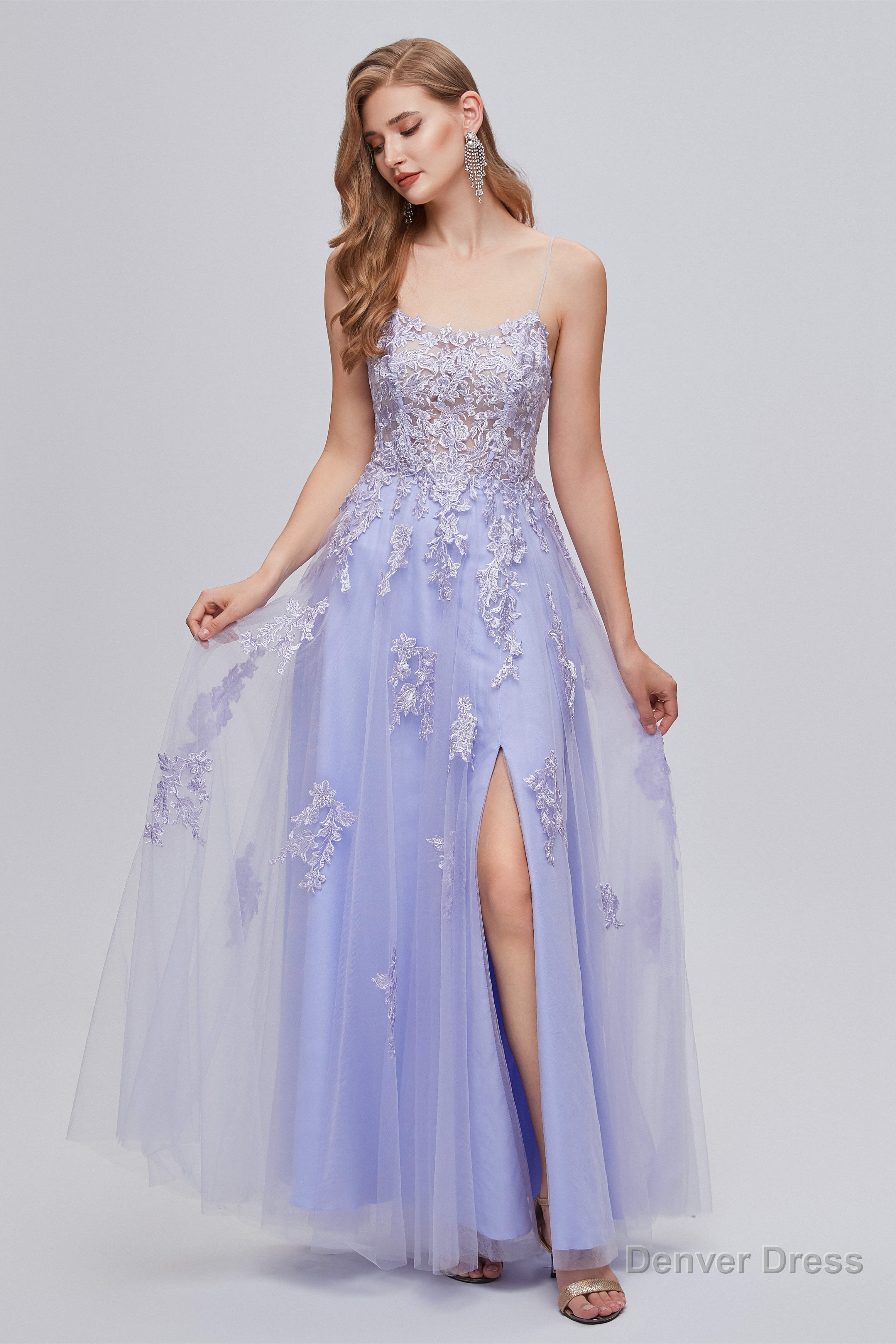 Lilac Appliques Lace Up A Line Long Prom Dresses with Slit
