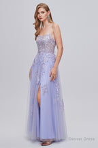 Lilac Appliques Lace Up A Line Long Prom Dresses with Slit