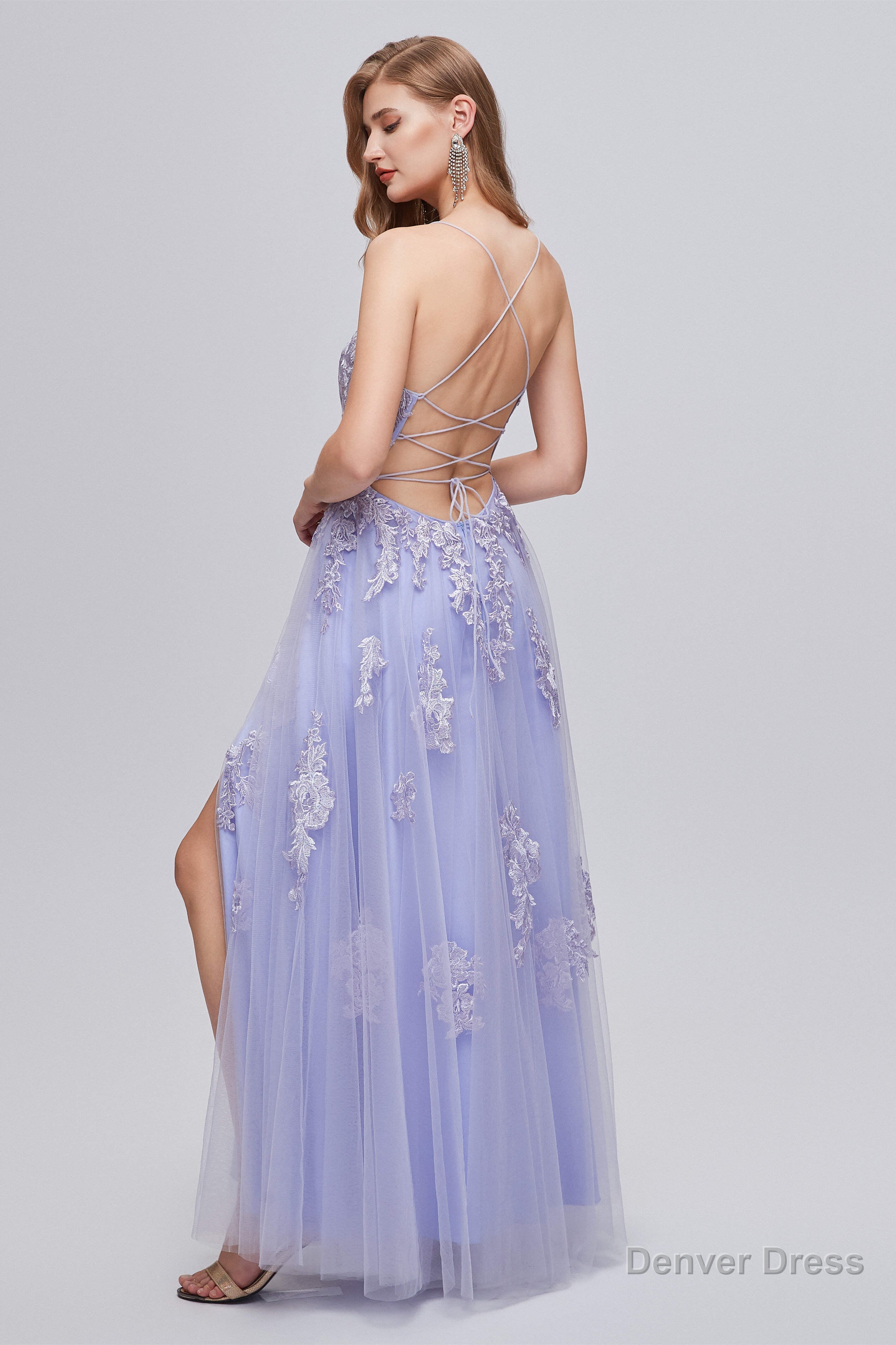 Lilac Appliques Lace Up A Line Long Prom Dresses with Slit