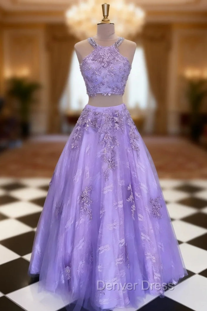 Lilac Ball Gowns Scoop Neck Sleeveless Long Floor Length Tulle Prom Dresses With Appliqued Beading Main image